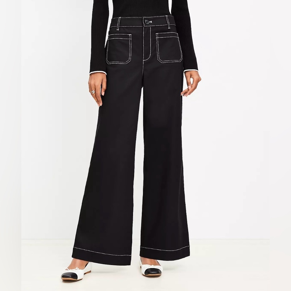 LOFT Petite Palmer Wide Leg Pants in Black with White Stitching, size 0P